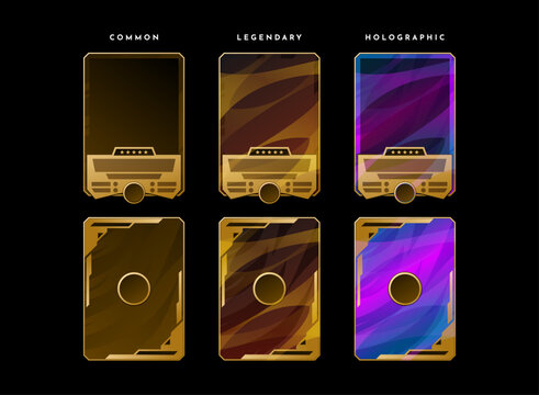 Trading card front and back collection featuring common, legendary and holographic rarity tiers with premium templates for TCG, CCG, RPG, collectible games and game UI.
