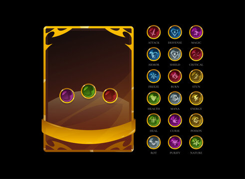 Golden fantasy RPG card template with gemstone slots, skill icons, attribute symbols and decorative frame for trading cards, game UI, inventory, collectible systems and mobile games.
