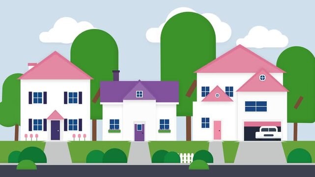 Flat Vector Animation of Suburban Houses Building Up on a Green Neighborhood Street with Blue Sky and Clouds