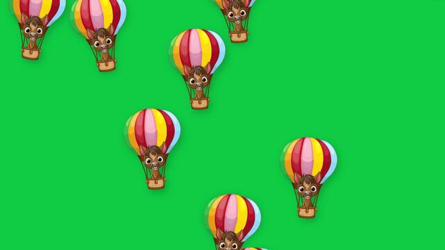 Cartoon Animals in Hot Air Balloons Falling on Green Screen