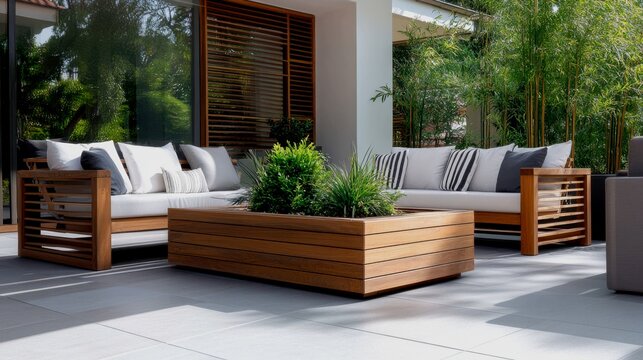  a spacious, modern patio or terrace. The focal point is an extra-large, rectangular wooden planter made of rich, dark stained ceda