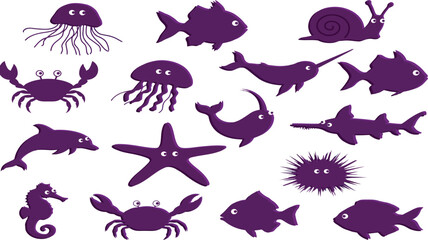 Purple Sea Creatures Silhouette Set with Cute Cartoon Eyes Vector Illustration On White BackgroundPurple Sea Creatures Silhouette Set with Cute Cartoon Eyes Vector Illustration On White Background © MDAKTARUL