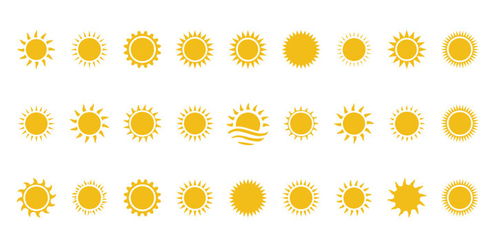 Yellow sun icon set, sunshine and solar glow, sunrise or sunset. Decorative circle full and half sun and sunlight. Hot solar energy for tan. Vector sign