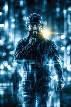 engineer father with light skin tone walking through a modern industrial energy plant while smiling thoughtfully