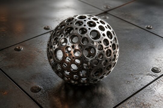 Perforated metal sphere resting on industrial steel floor surface