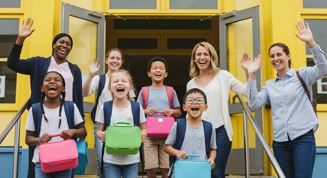 Diverse group of kids laughing on the school steps with lunchboxes, parents waving goodbye