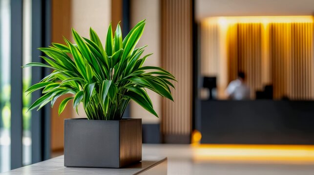 commercial interior design shot of a spacious, modern hotel lobby. A large, lush Dracaena 'Janet Craig' with its broad
