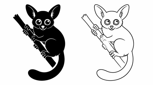 Galago Bushbaby Illustration in Silhouette and Line Art Style