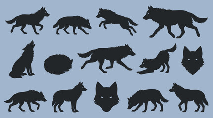 Fototapeta premium Black Wolf Silhouette Set: Various Poses and Icons for Wildlife Design