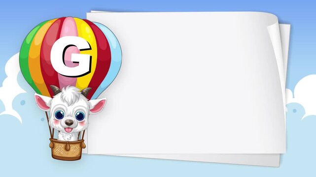 Animated Cartoon Goat in Hot Air Balloon with Blank White Paper