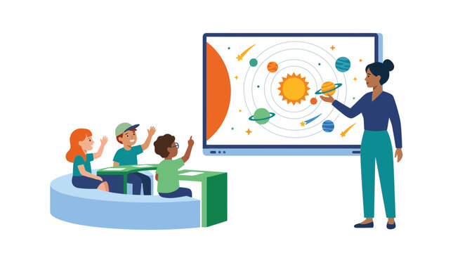 Teacher Explaining Solar System to Students in Classroom