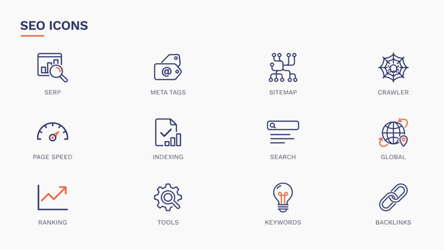 Modern line icons for SERP ranking and meta tags &ndash; Ideal for web crawler diagnostics, sitemap indexing tools, or search visibility platforms.
