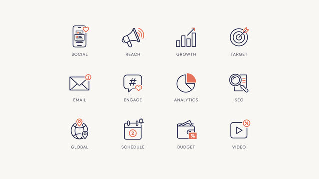 Deep indigo cross platform publishing and audience insights icons &ndash; Suitable for brand management dashboards, social analytics, or media guides.