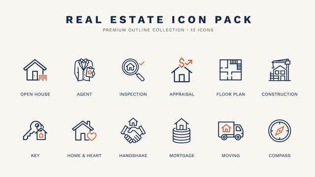 Deep navy real estate agent and property construction icons &ndash; Perfect for building developer portals, housing construction slides, or toolbar widgets.