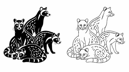 Naklejka premium Group of Civets in Black and White Silhouette and Line Art Style
