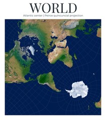 World Map. Peirce quincuncial projection. Atlantic center. High detail physical map. Square conformal layout. © Eugene Ga