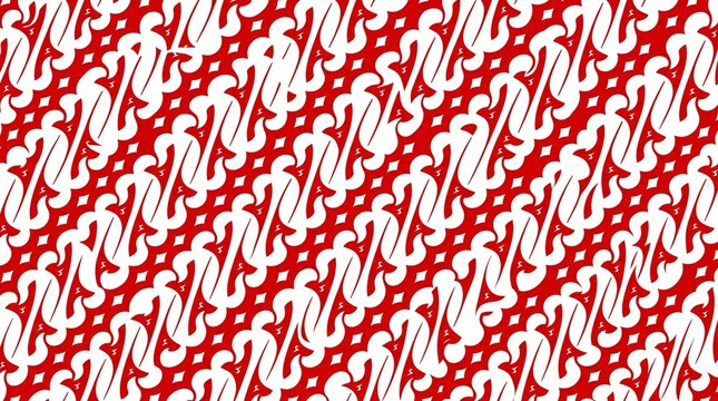 Traditional red and white batik parang pattern design. Handcrafted Indonesian textile motif with diagonal waves. Cultural fabric background for fas...