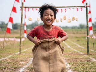 Happy child jumping in sack race outdoors. Joyful kid competing in burlap sack hop at field event. Playful young athlete participating in fun rural...