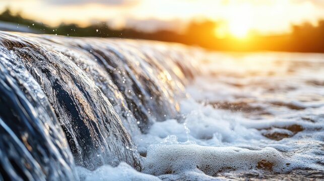 Stunning view of flowing water over a small dam at sunset with golden sunlight reflecting on the bubbling rushing river surface
