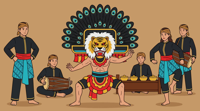 Indonesian Reog Ponorogo Traditional Dance Illustration with Musicians and Gamelan