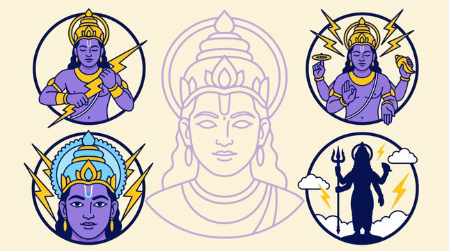 Hindu God Vishnu and Lord Indra Icon Set - Vector Minimalist Flat Line Art Illustrations