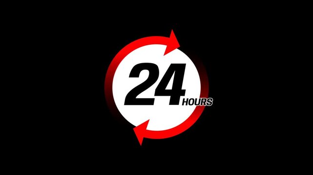 24 Hours icon animation. Minimalist flat design of a red arrow circle with a 24 hours text. Symbolizes around the clock service, delivery, or availability. Suitable for business, commercial purposes.