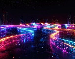Fototapeta premium Abstract Neon Light Trails Weaving Through Dark Digital Landscape.