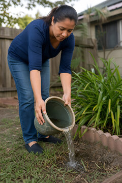 Woman pours water in backyard garden to prevent mosquito breeding and maintain plants during warm weather season