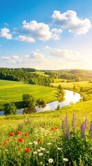 Naklejka premium Beautiful sunny summer landscape background with vibrant natural green colors