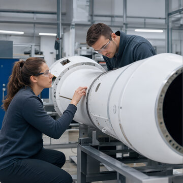 Working in a reusable rocket workshop with engineers focused on assembling a rocket component indoors