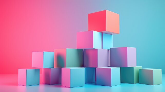 Pastel colored geometric composition with stacked cubes in pink blue and purple hues, soft gradient background with gentle lighting, modern minimalist design with clean edges and subtle shadows, playf