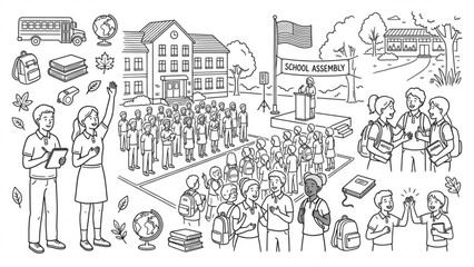 Obraz premium Young Learners Campus Life Vector Pack – American Students, School Ceremony and Unity Concept