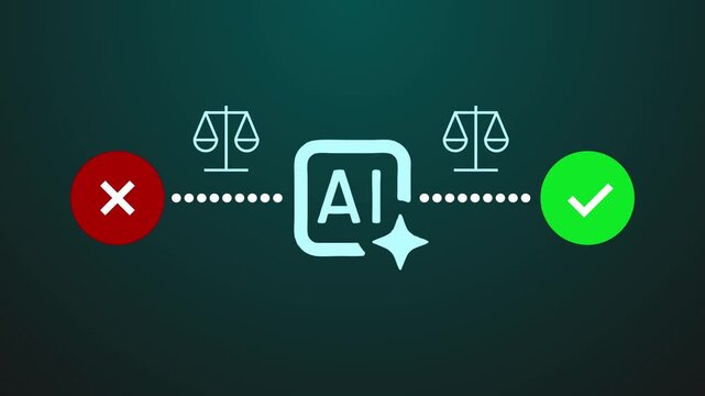 AI Ethics Law Justice Scales Artificial Intelligence Wrong Right Check Cross Loop Motion Background