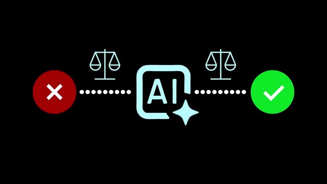 AI Ethics Law Justice Scales Artificial Intelligence Wrong Right Check Cross Loop Motion Background