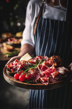 Gourmet Charcuterie Board with Cheese Prosciutto and Tomatoes Served by Chef .AI Generative
