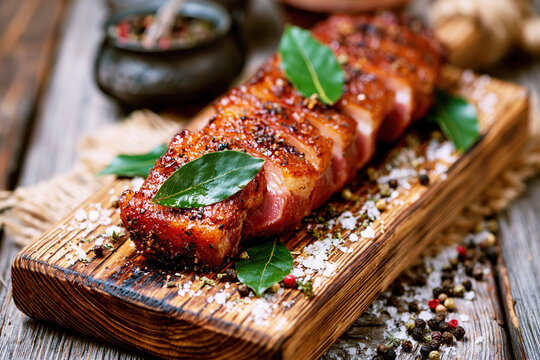 Smoked Pork Loin Sliced on Rustic Wooden Board AI Generative