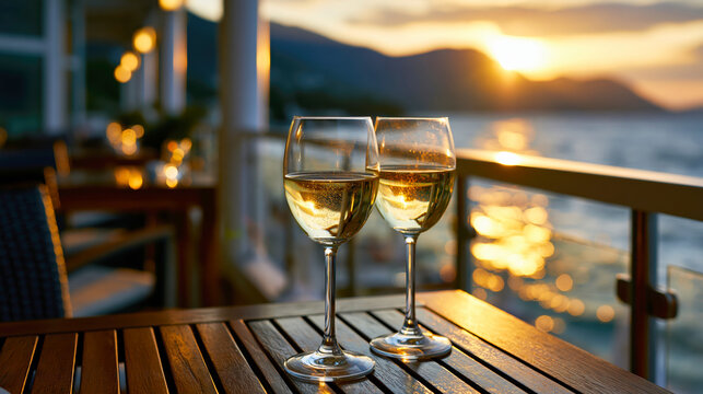 White Wine Glasses at Mediterranean Sunset &ndash; AI Generative