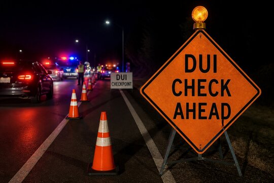 Dui checkpoint sign warning motorists on nighttime roadway