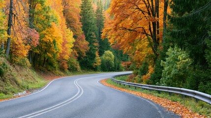 Naklejka premium Scenic Winding Road Through Vibrant Autumn Forest with Colorful Foliage and Clear Skies