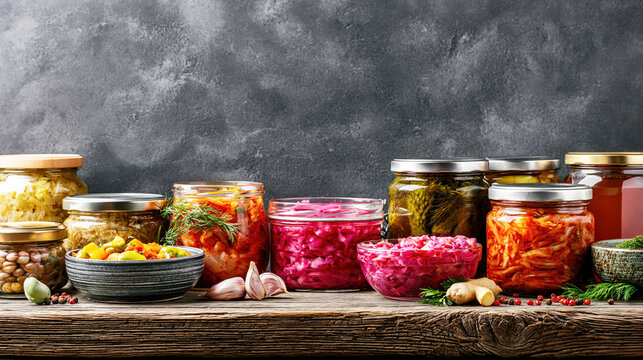 Assorted Fermented Vegetables and Pickled Foods in Glass Jars. AI generative.
