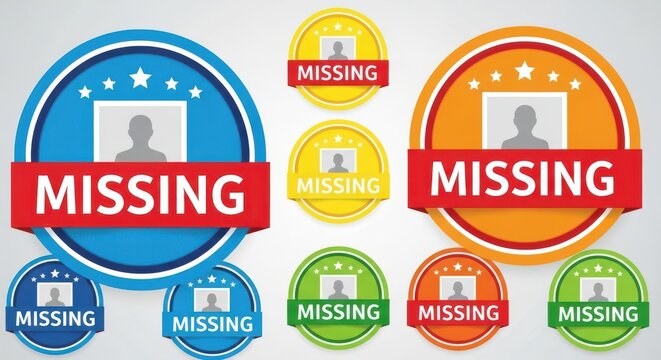 Colorful missing person alert badges with user profile icons and star ratings