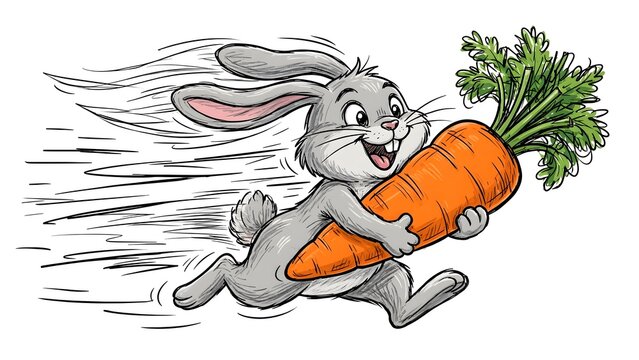 Cartoon rabbit joyfully running with a large carrot