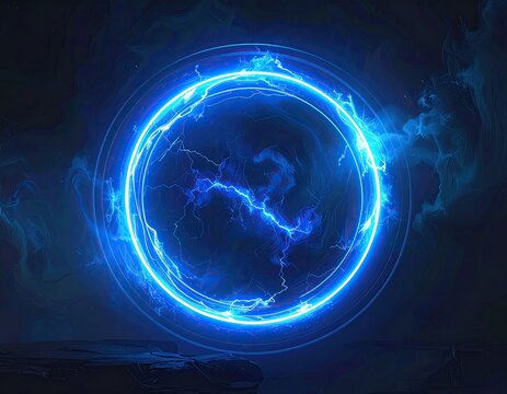 Abstract Blue Energy Ring Portal with Lightning Effects.