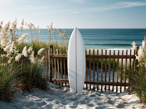 Surfboard on Coastal Dunes Beach &ndash; AI Generative