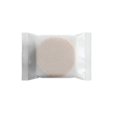 Round stroopwafel cookie in translucent white flow pack packaging mockup isolated on Transparent Background