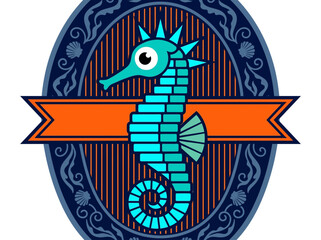 Stylized Seahorse Badge Illustration with Nautical Frame and Banner © Isak