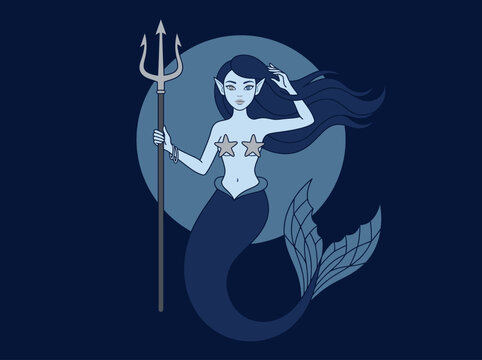 Stylized Blue Mermaid Illustration with Trident and Moon
