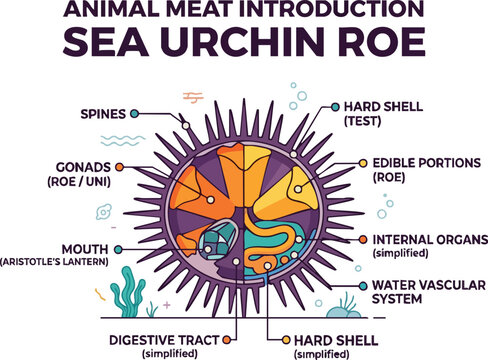 An infographic titled ANIMAL MEAT INTRODUCTION SEA URCHIN ROE showing anatomy labels for a cutaway sea urchin