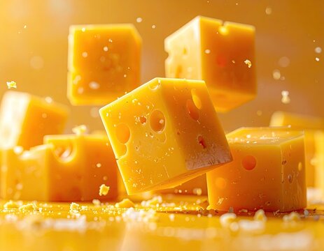 Delicious Cubes of Swiss Cheese Falling in Slow Motion.