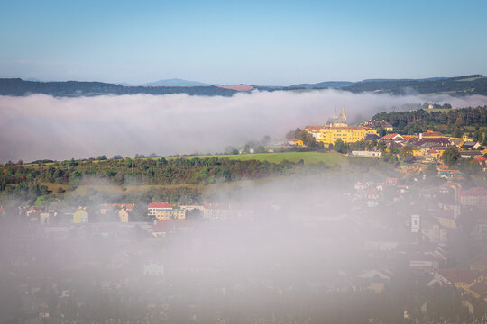 Fantastic view with misty valleys from the Spis Castle, Slovakia